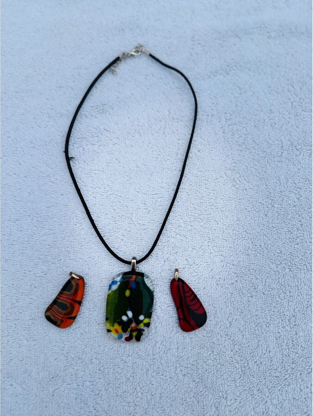 Artisan Fused Glass Pendant Necklace Set 3 Murano Millefiori Red Amber Cord Boho